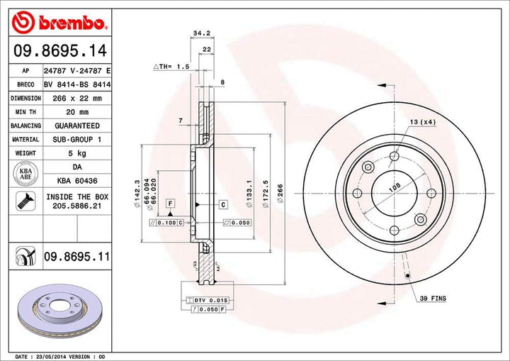 Brembo 09.8695.11 COATED DISC LINE Bremsscheibe - Paar Single, Single