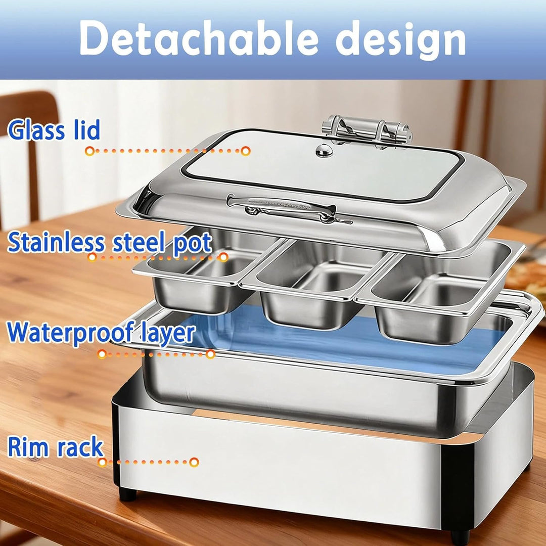 Chafing Dish Elektrisch 9L, Elektrische Speisewärmer Buffetwärmer mit Sichtbarem Glasdeckel, Kommerz