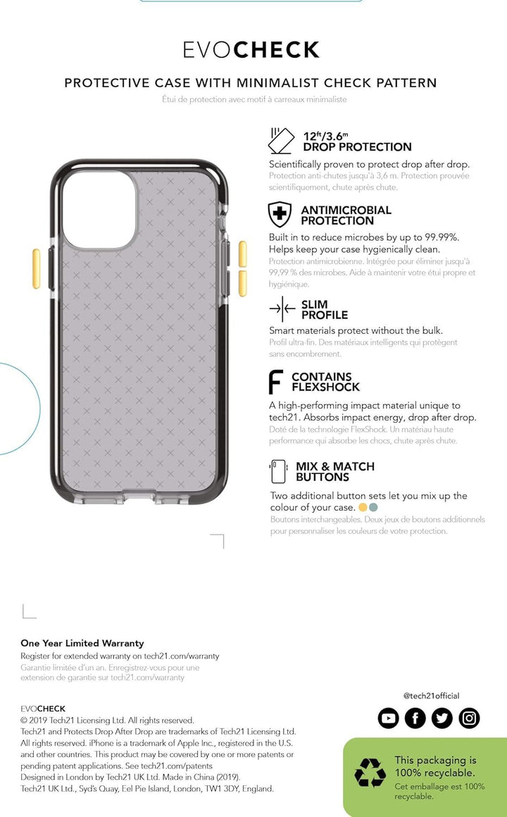 Tech21 Evo Check Schutzhülle für iPhone 11 Pro Max - Schützende Dünne Schale Beständig Handyhülle -