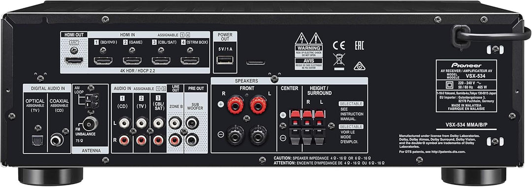Pioneer VSX-534D(B) Receiver (5x150 Watt, Dolby Atmos, DTS:X, MCACC, Advanced Sound Retriever, AM/FM