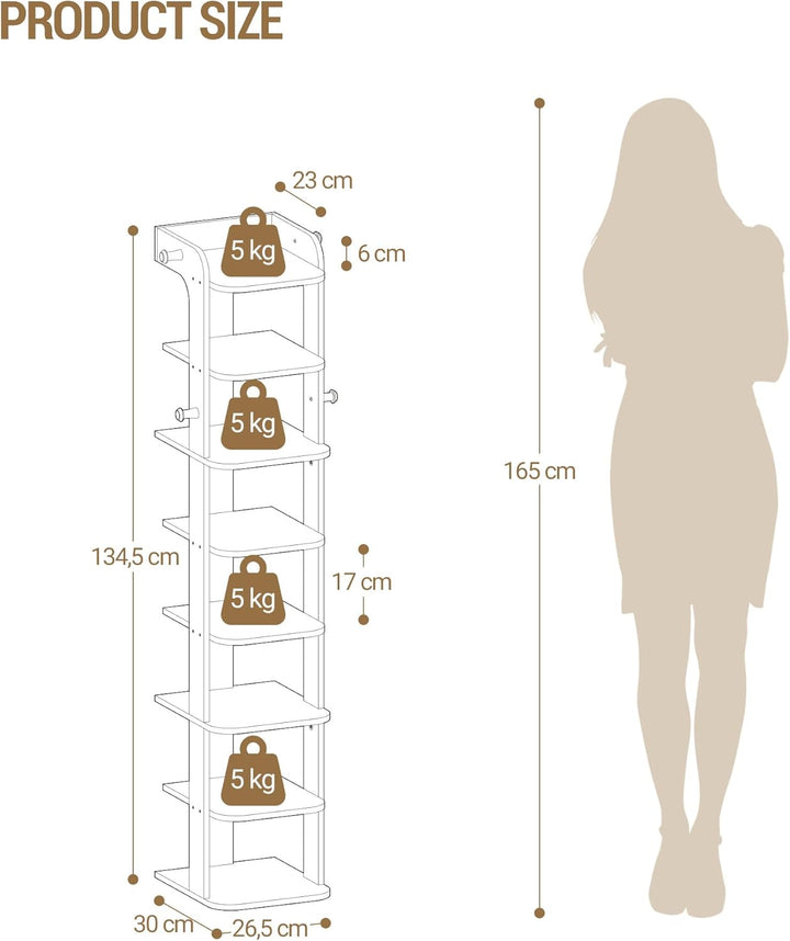 Hzuaneri Schuhregal, Schmales Schuhablage mit 8 Ebenen, Holz-Schuh-Organizer mit Haken, Verstellbar,