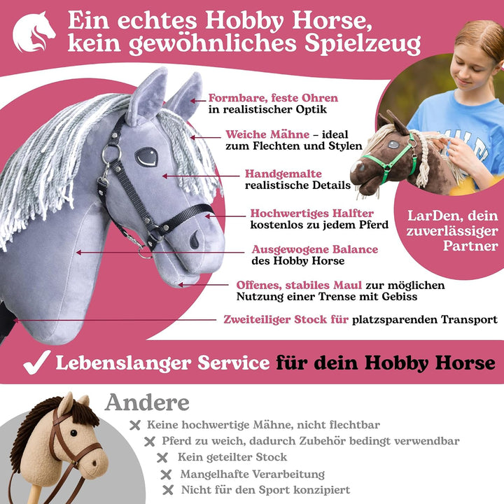 LarDen Hobby Horse Calypso mit schwarzem Halfter S, Stockpferd Für Kleine, HANDGEFERTIGTES Grosse Ki