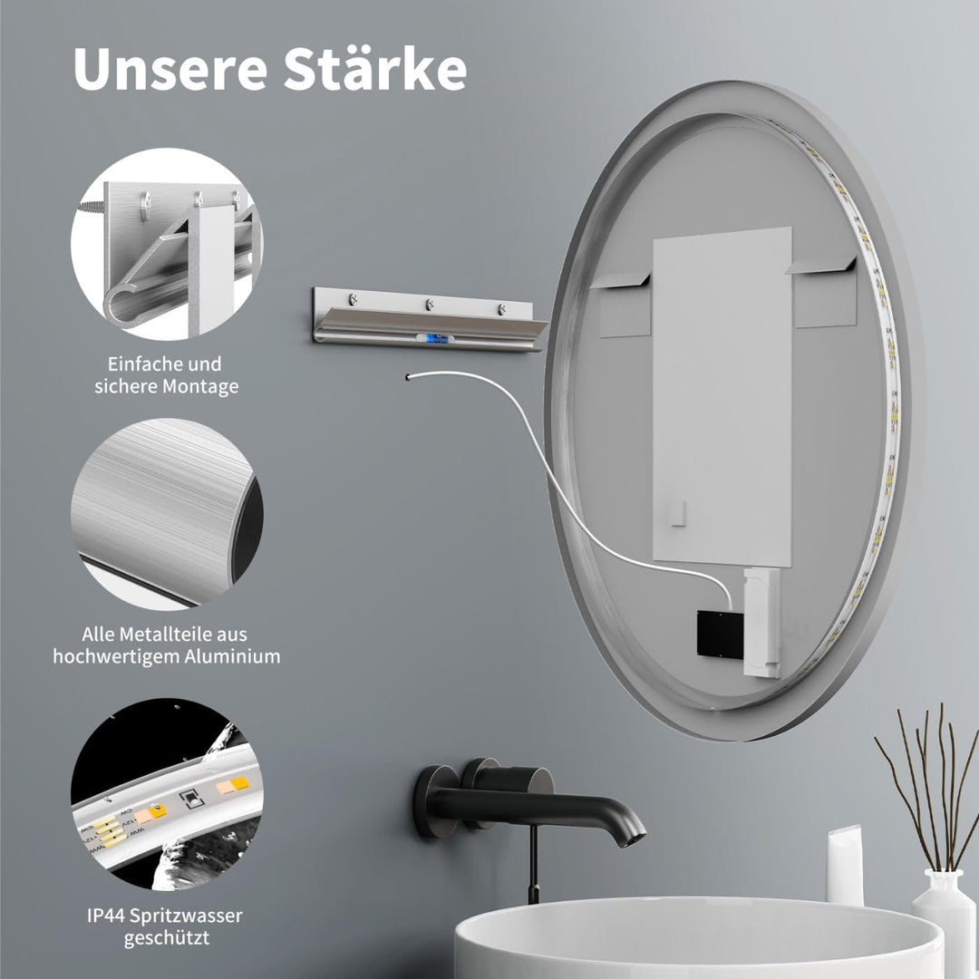 HOKO Design ANTIBESCHLAG Badspiegel rund 60 cm mit Metall Rahmen Matt Schwarz. Runder Bad Wandspiege