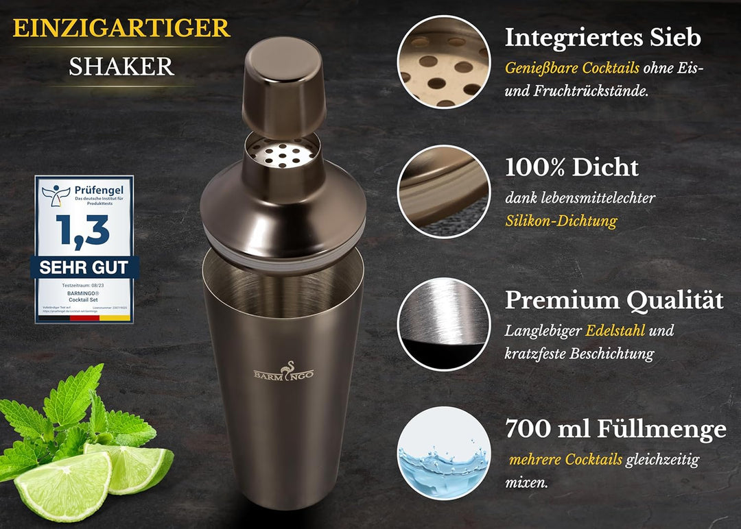 BARMINGO® Edelstahl Cocktail Set 11tlg. – 700 ml Cocktail Shaker Set mit Ständer und Bar Zubehör, Co