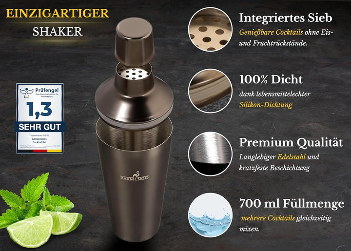 BARMINGO® Edelstahl Cocktail Set 11tlg. – 700 ml Cocktail Shaker Set mit Ständer und Bar Zubehör, Co
