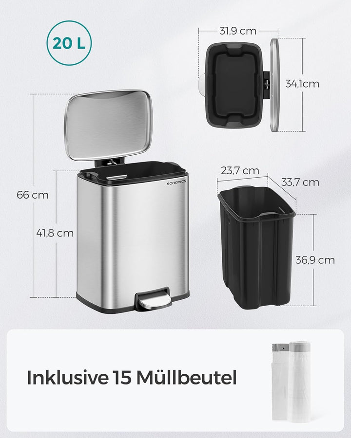 SONGMICS Mülleimer Küche, 20 Liter Abfalleimer mit Pedal, Tretmülleimer, Softclose, Offenhaltefunkti