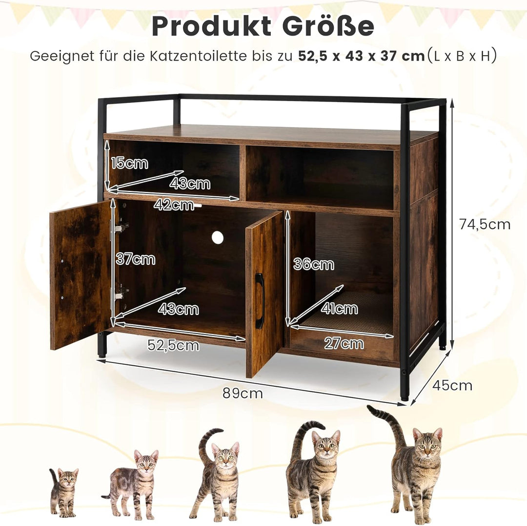 COSTWAY Katzenschrank Katzentoilette mit Doppeltüren & Kratzunterlage, Katzenhaus mit offenem Regal