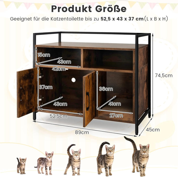 COSTWAY Katzenschrank Katzentoilette mit Doppeltüren & Kratzunterlage, Katzenhaus mit offenem Regal