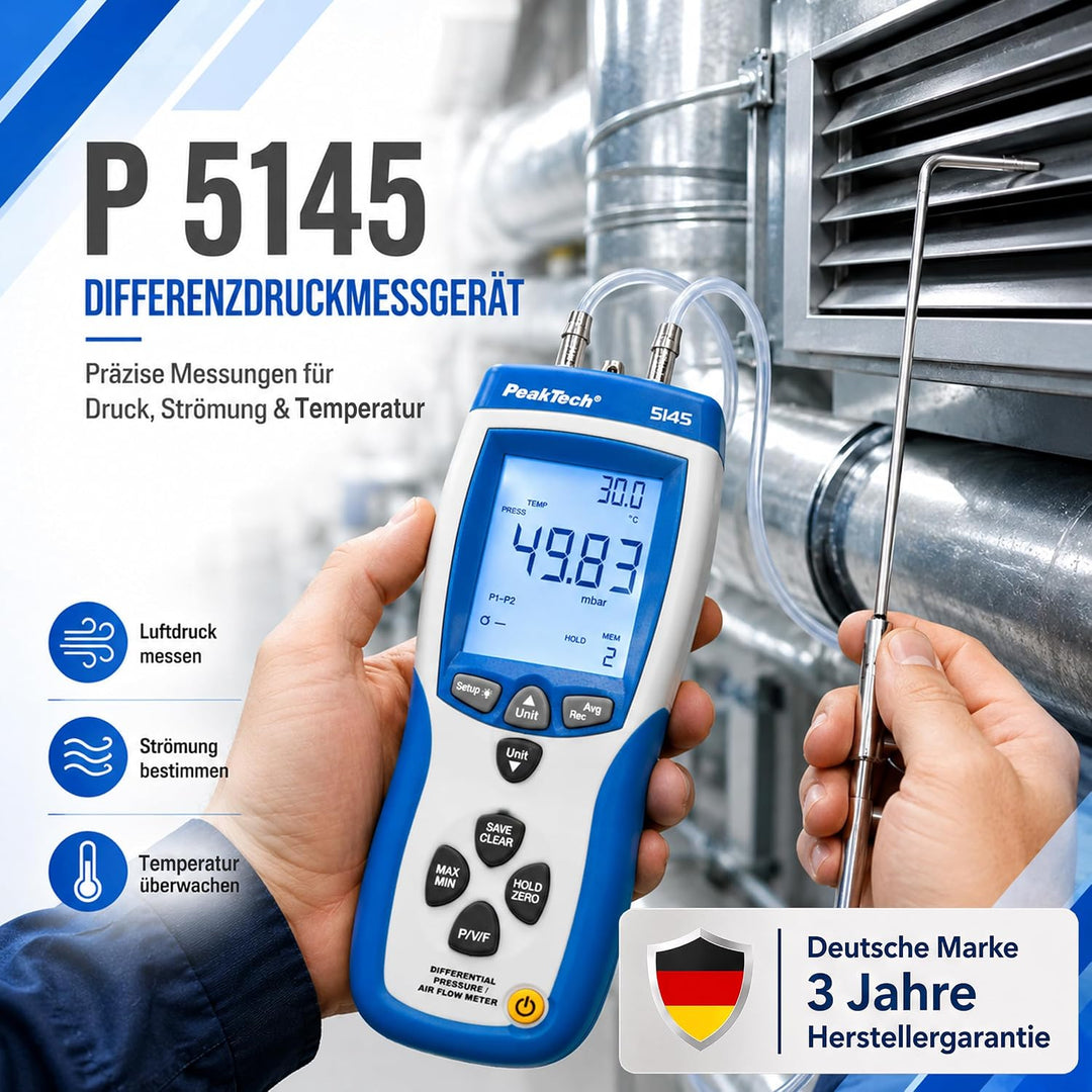 PeakTech P 5145 2 in 1 Differenz-Druckmessgerät und Luftgeschwindigkeitsmesser mit Pitot Rohr, Diffe