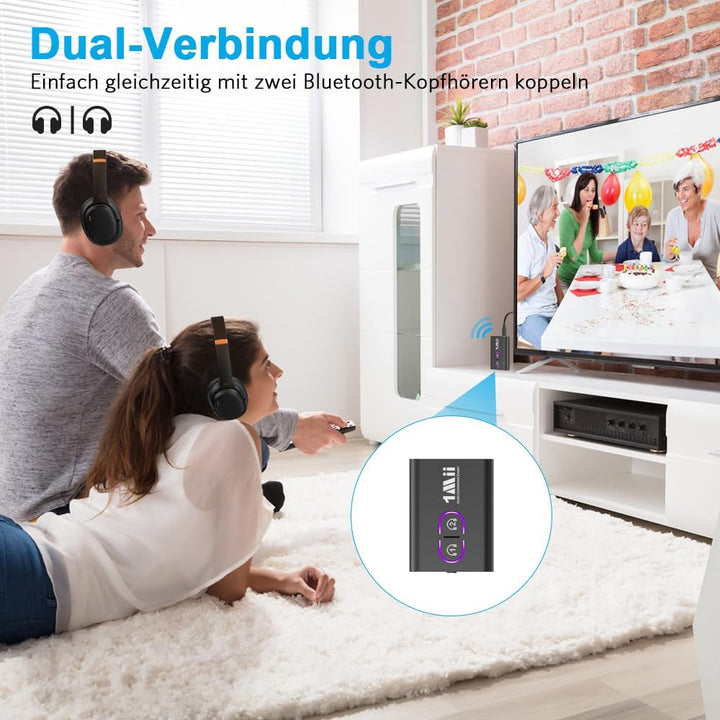 1Mii Bluetooth 5.3 Adapter Transmitter für TV Audio auf 2 Kopfhörer, 2-in-1 Bluetooth Sender Empfäng