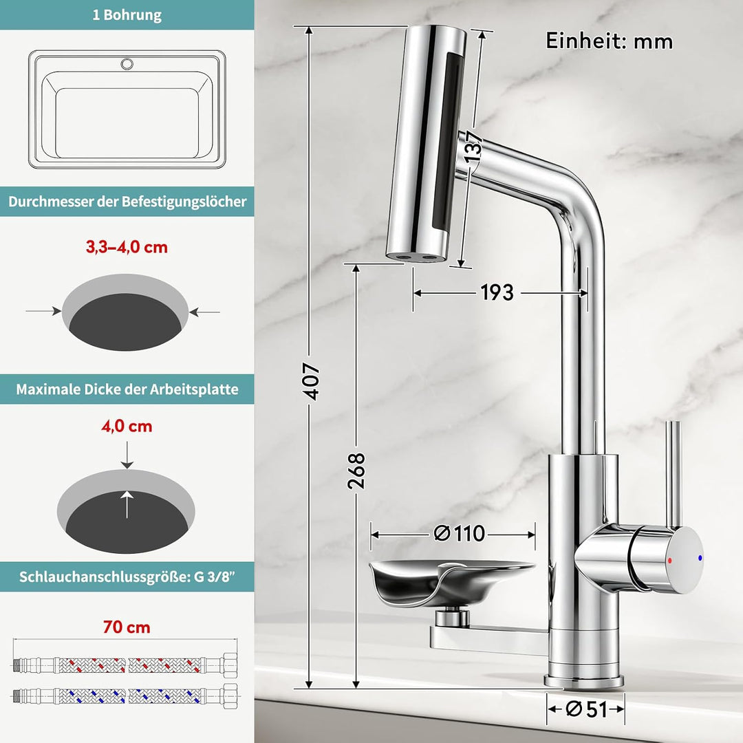 360° drehbarer Wasserhahn Küche ausziehbar mit Brause (Chrom) | wasserfall Mischbatterie Küche mit G