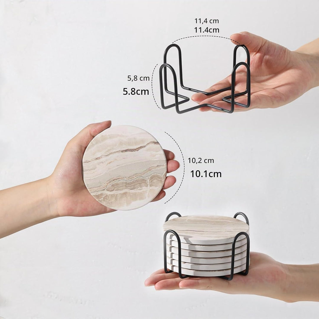 LIFVER Marmor Glas Untersetzer-Set 6er, Absorbierend Mit Korkboden Und Halter, Für Getränke in Bars,