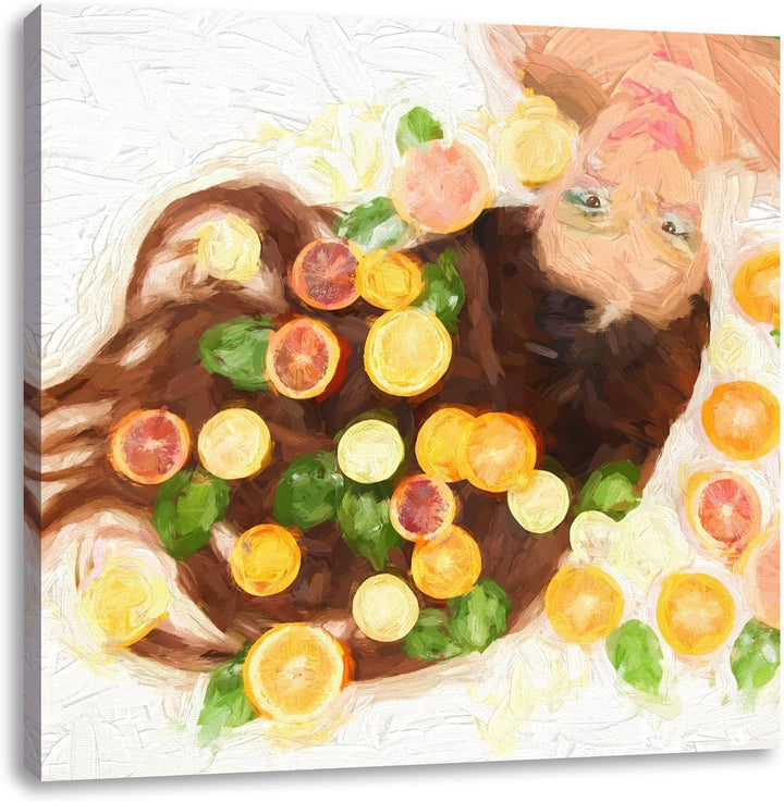 Pixxprint Hübsche Frau mit Obstscheiben als Leinwandbild/Grösse: 70x70 cm/Wandbild/Kunstdruck/fertig