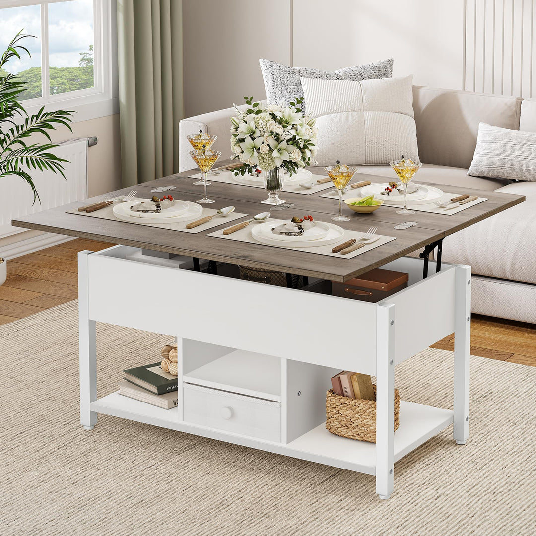 YITAHOME Couchtisch mit Anhebbarer Platte und Schubladen, 4-in-1-Multifunktions-Couchtisch mit Staur