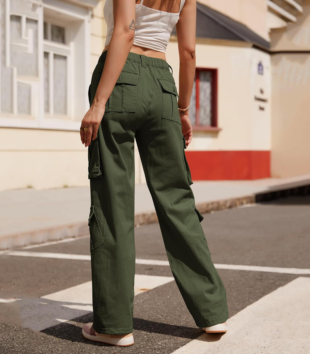 Cargohose Damen Baggy Y2K Multi Taschen High Waist Stretch Wanderhose Sport Jogginghose mit Elastisc
