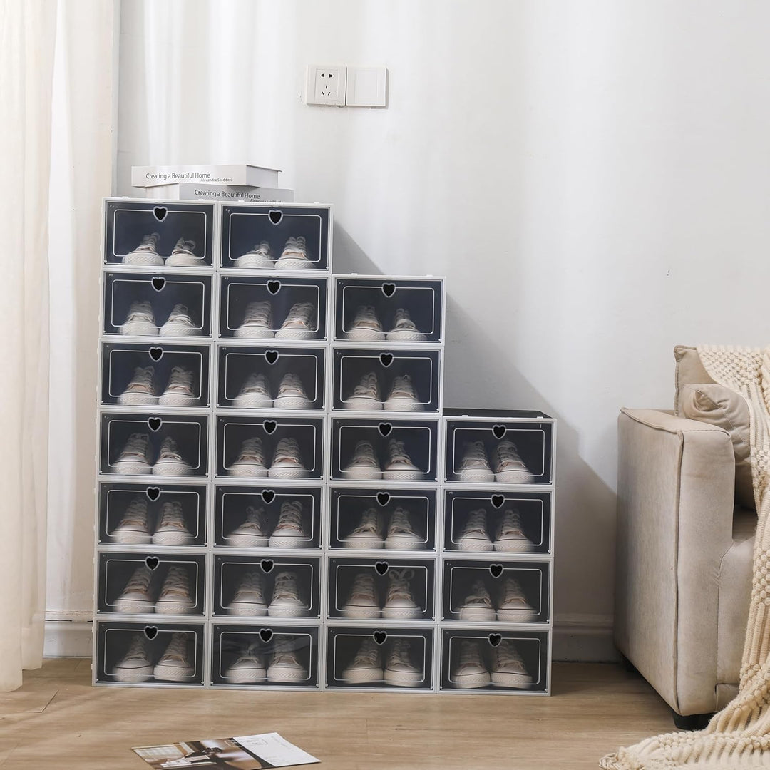 24er-Set Schwarz Transparent Schuhboxen Stapelbar Schuhaufbewahrung mit Durchsichtiger Tür Faltbar S