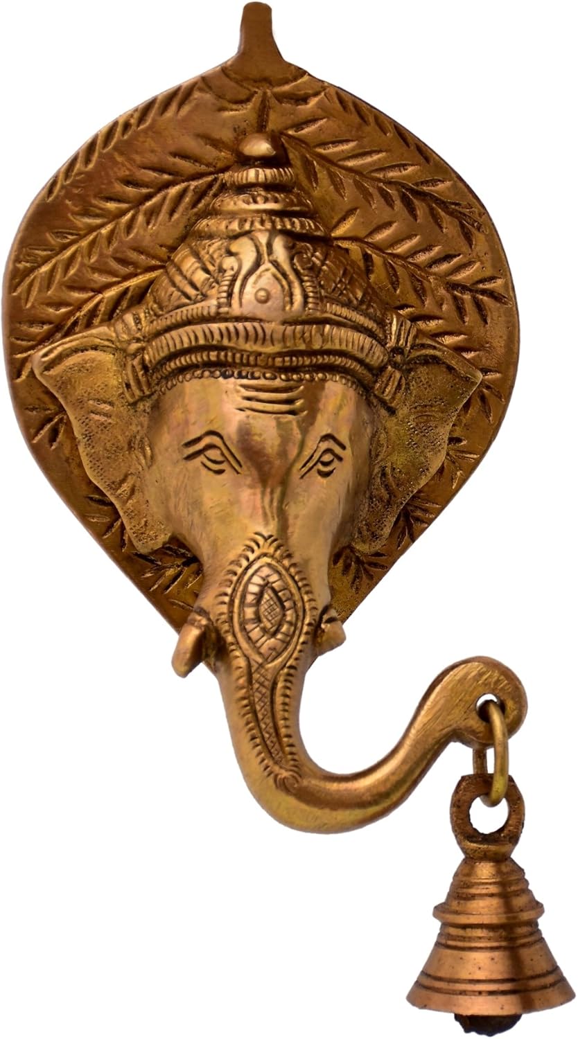 Purpledip Brass Wall Hanging Antique Finish Ganesha Bell (Set Of 2): Symmetrical Heads For Peace, Ha