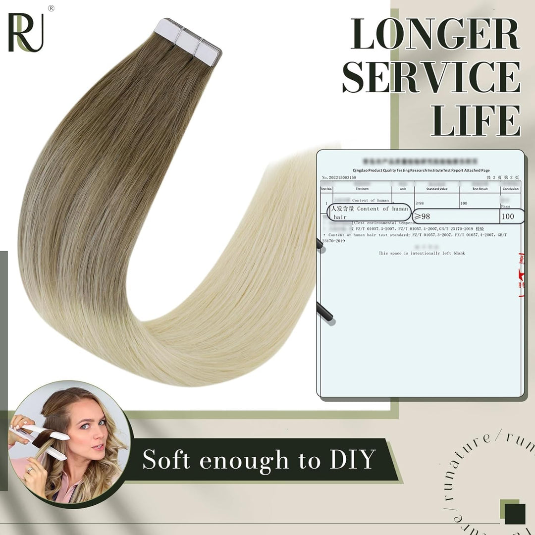 RUNATURE Tape Extensions Echthaar 50cm Balayage Braun Ombre Blond Unsichtbarer Tape in Haarverlänger