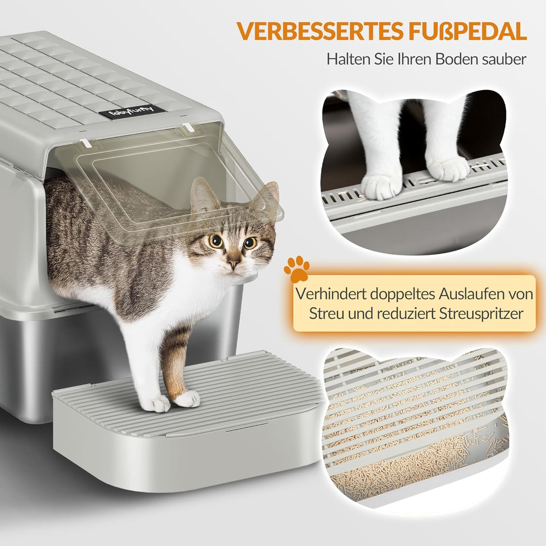 Edelstahl Katzenklo, XXL Metall Katzentoiletten, Cremegrau | Geschlossene Katzenklo, mit Schaufel un