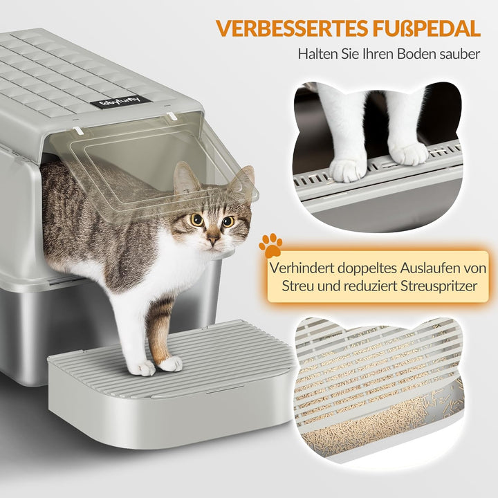 Edelstahl Katzenklo, XXL Metall Katzentoiletten, Cremegrau | Geschlossene Katzenklo, mit Schaufel un