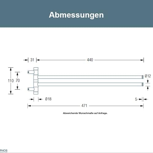 PHOS Design, GHH2, Handtuchstange mit 2 schwenkbaren Stangen mit O-Ring, Edelstahl Vollmaterial, geb