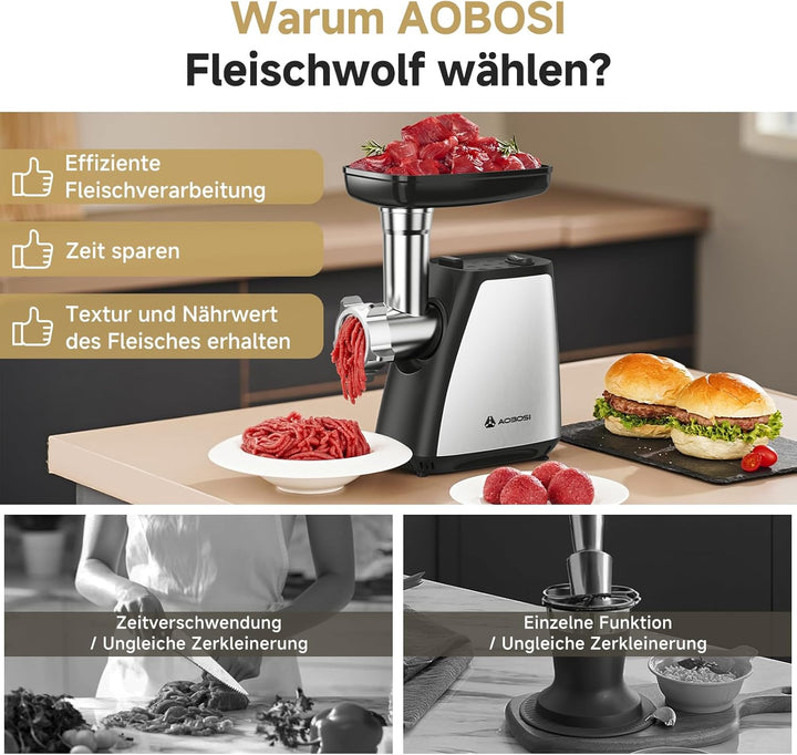 AAOBOSI Fleischwolf, 3-in-1 Elektrischer Fleischwolf [2800 W max] mit 2 Klingen, 3 Platten, Wurstfül