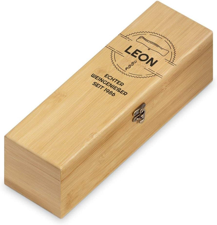 Maverton Wein Geschenkbox für 0,7L Weinflasche + Aufdruck + 4er Weinzubehör - Weinset aus Bambus - 3