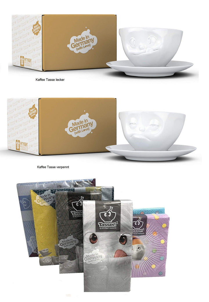 FIFTYEIGHT PRODUCTS Kaffeetassen 2er Set + Servietten, 200 ml, LECKER+VERPENNT