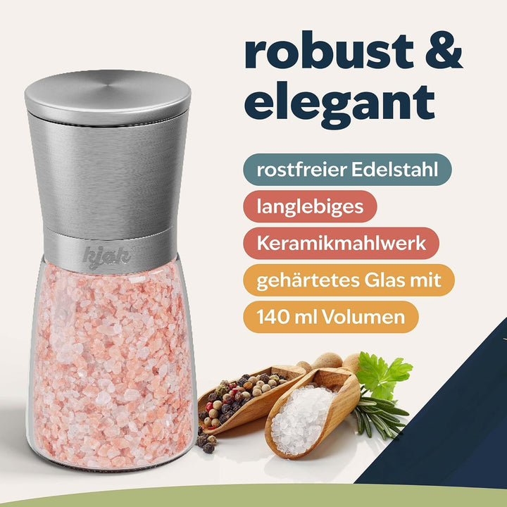 kjøk Premium Salz- und Pfeffermühle 2er-Set aus Edelstahl &amp; Glas – verstellbares Keramikmahlwerk fei