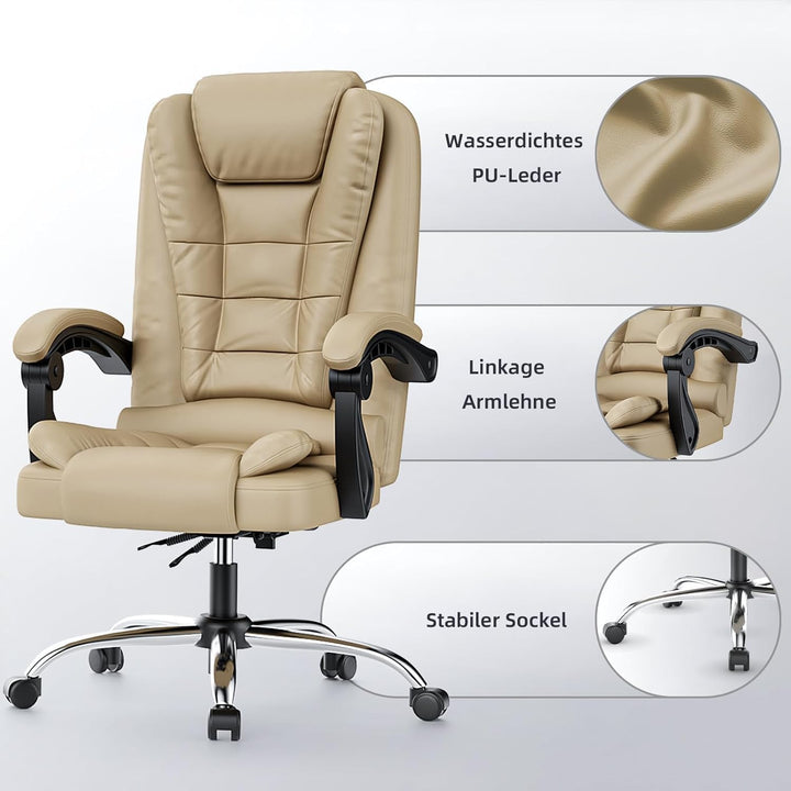 rattantree Bürostuhl Chefsessel Ergonomisch, PU-Leder Bürosessel Khaki Khaki Keine Pedale, Khaki Kei