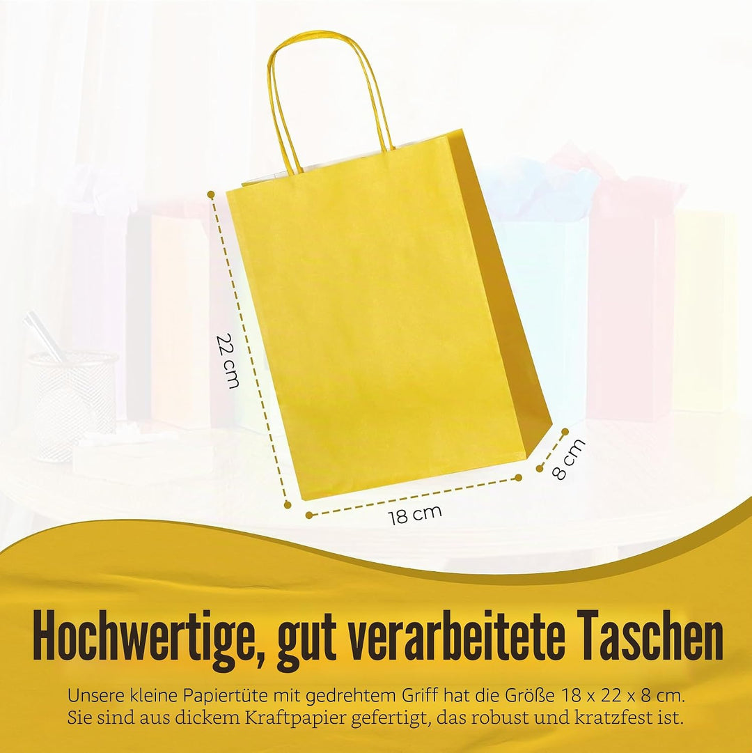 Thepaperbagstore 30 Gelbe Klein Partytüten aus Papier mit Henkeln – 18x22x8cm – Bunte Geschenktüten