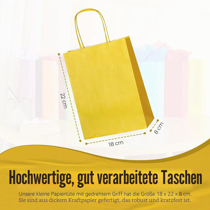 Thepaperbagstore 30 Gelbe Klein Partytüten aus Papier mit Henkeln – 18x22x8cm – Bunte Geschenktüten
