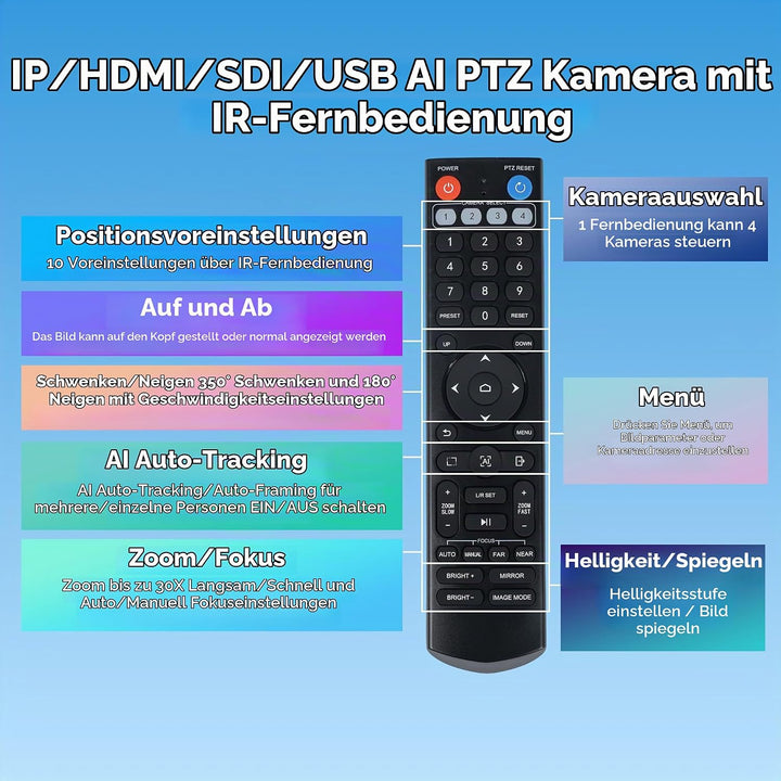 TONGVEO NDI AI Auto-Tracking IP PTZ Kamera SDI/HDMI/USB3.0/LAN PoE 30X Optischer + 8X Digitaler Zoom