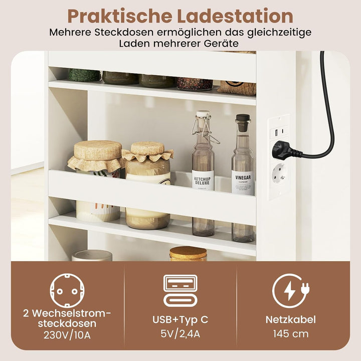 COSTWAY Nischenwagen 13cm breit, 4 Etagen Küchenwagen schmal mit Ladestation, Nischenregal auf Rolle