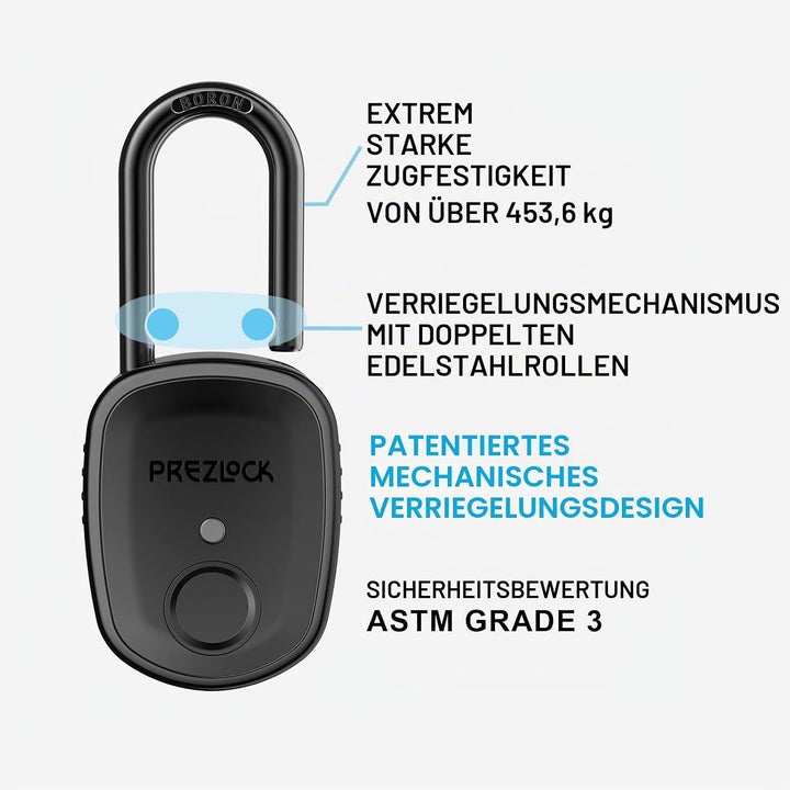 Fingerabdruck-Vorhängeschloss mit Schlüssel-Backup, 2 Schlüssel, Prezlock, geeignet für den Aussenbe