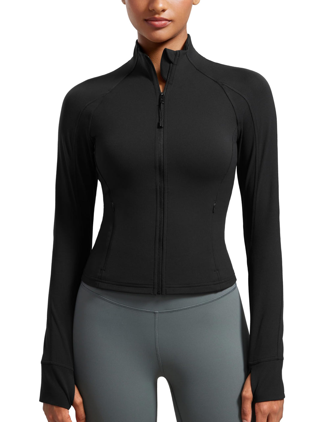 CRZ YOGA Damen Butterluxe Full Zipper Sport Jacke Zip Tasche Crop Running Laufjacke Gym Langarmshirt