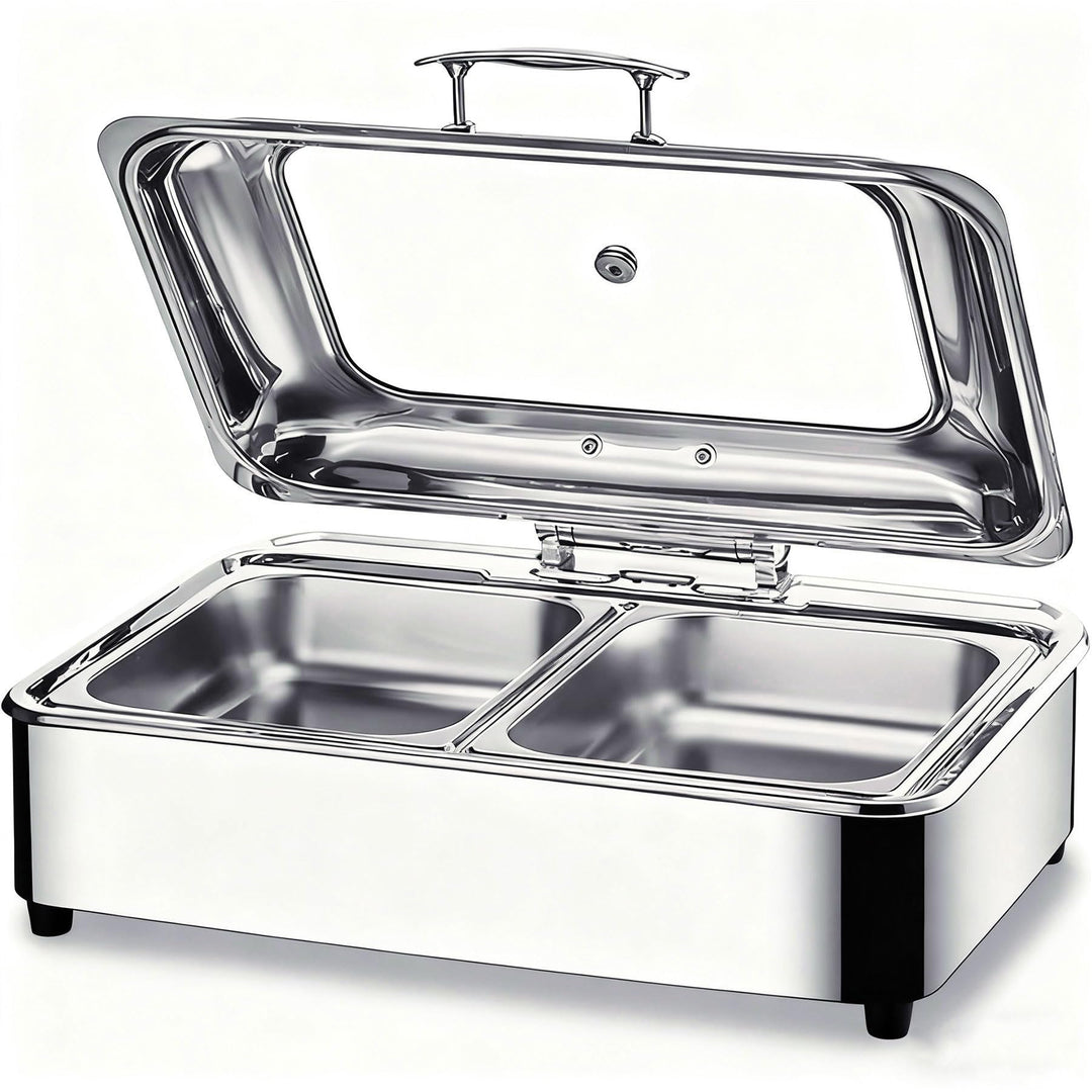 Chafing Dish Elektrisch, 9L Edelstahl Warmhaltebehälter Essen Elektrisch mit Glasdeckel, Speisewärme