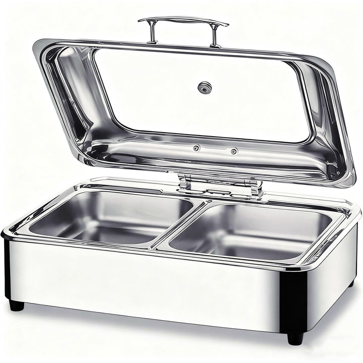 Chafing Dish Elektrisch, 9L Edelstahl Warmhaltebehälter Essen Elektrisch mit Glasdeckel, Speisewärme