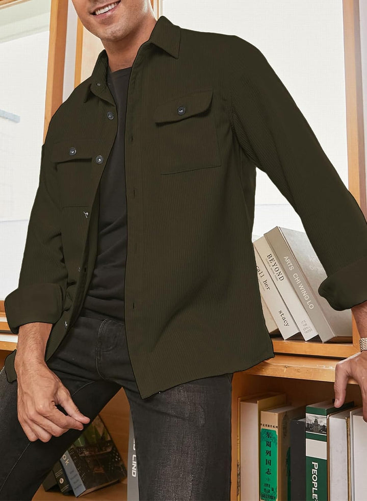Herren Hemd Cord Langarm Freizeithemd Männer Jacke Regular Fit Button Up Hemdjacke Mit Klappentasche