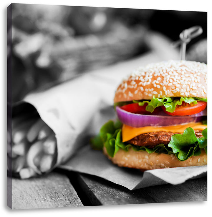 Pixxprint Burger mit Pommes als Leinwandbild/Grösse: 70x70 cm/Wandbild/Kunstdruck/fertig bespannt, 7