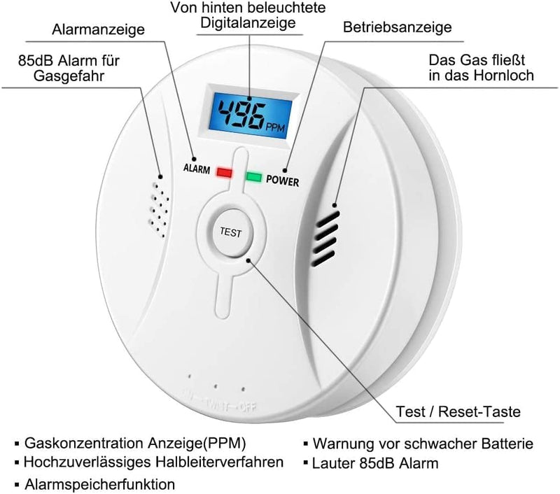 Kohlenmonoxid Warnmelder mit LCD Display CO Melder Lauter 85 Db Alarm Kohlenmonoxid Melder mit Kohle