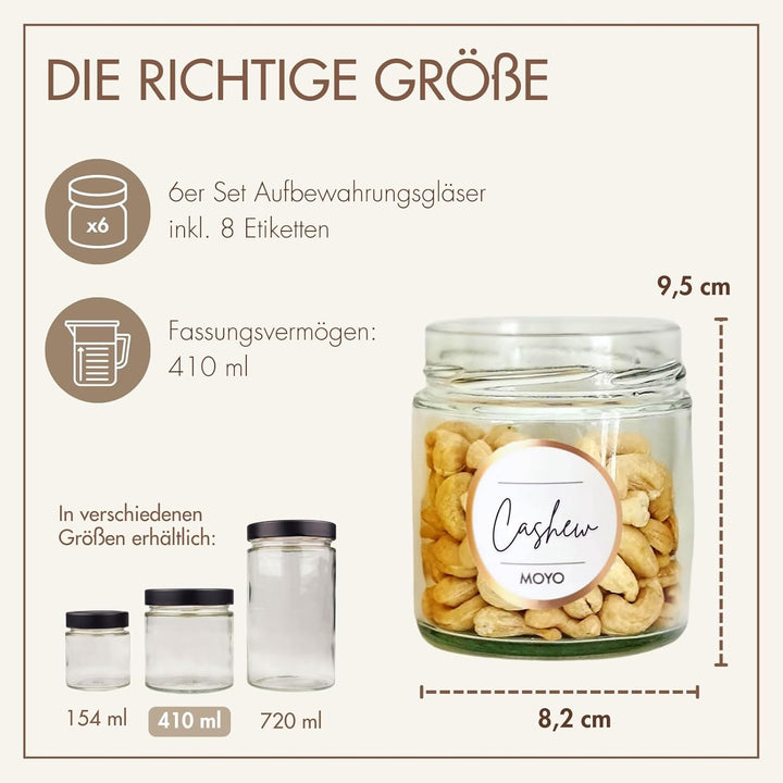 MOYO Vorratsgläser mit Deckel I 6er Set á 410ml I hochwertige Frischhaltedosen Glas I luftdichte Auf