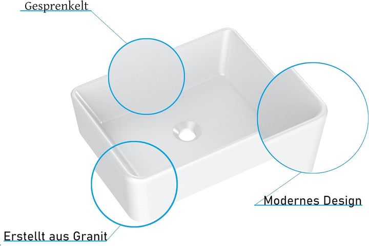 VBChome Waschbecken Weiss 48x37 cm Granit klein Matt wie Keramik eckige form Waschtisch Handwaschbec