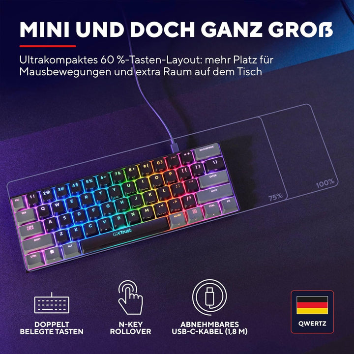 Trust Gaming GXT 867 Acira 60% Mechanische Tastatur Deutsches QWERTZ Layout, RGB Beleuchtung, Doppel