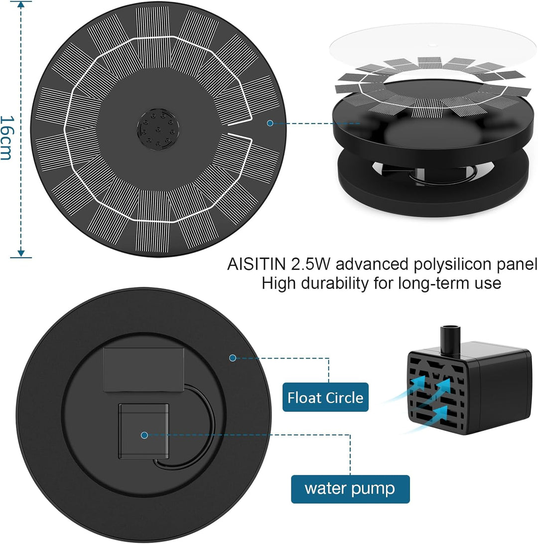 AISITIN Solar Springbrunnen Upgrade, 2,5W 160mm Solarbrunnen Solar Teichpumpe Outdoor Wasserpumpe So
