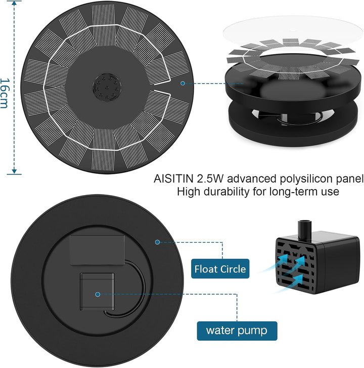 AISITIN Solar Springbrunnen Upgrade, 2,5W 160mm Solarbrunnen Solar Teichpumpe Outdoor Wasserpumpe So