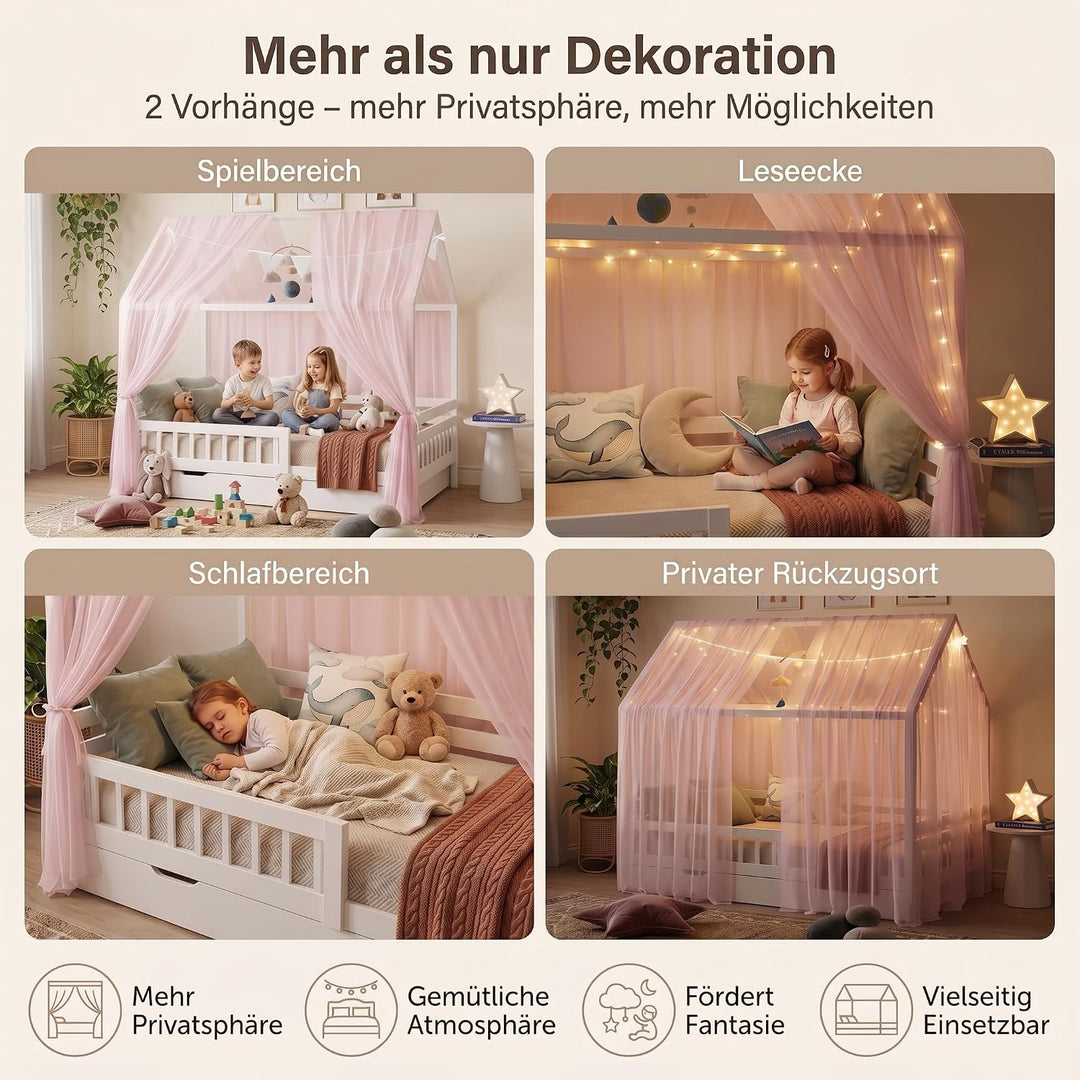 Hausbett Himmel 2er Set – Kinderbett Vorhänge für Hausbett, Montessori Kinderzimmer Deko, Betthimmel