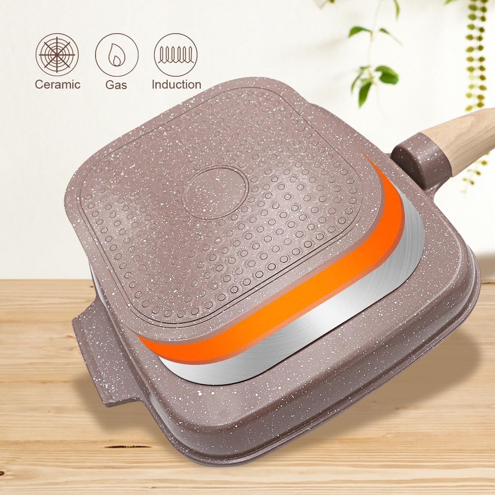 Grillpfanne Induktion mit Deckel 26 x 24 cm, Antihaft Keramikbeschichtung Grill Pfanne mit Abnehmbar