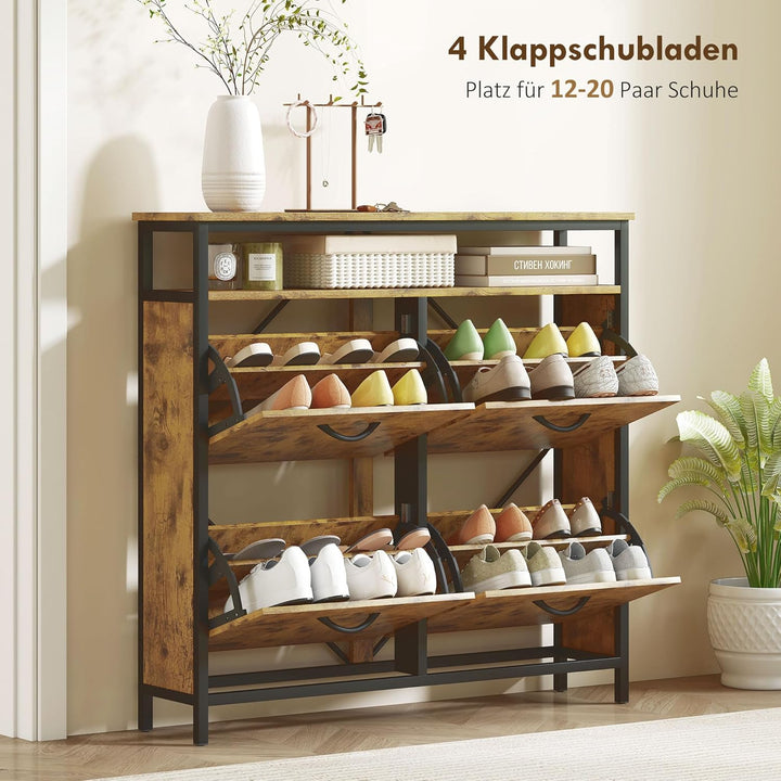 HOMCOM Schuhschrank mit 4 Klappen Schmal Schuhkipper mit Verstellbar Trennwand, offenem Fach Schuhre