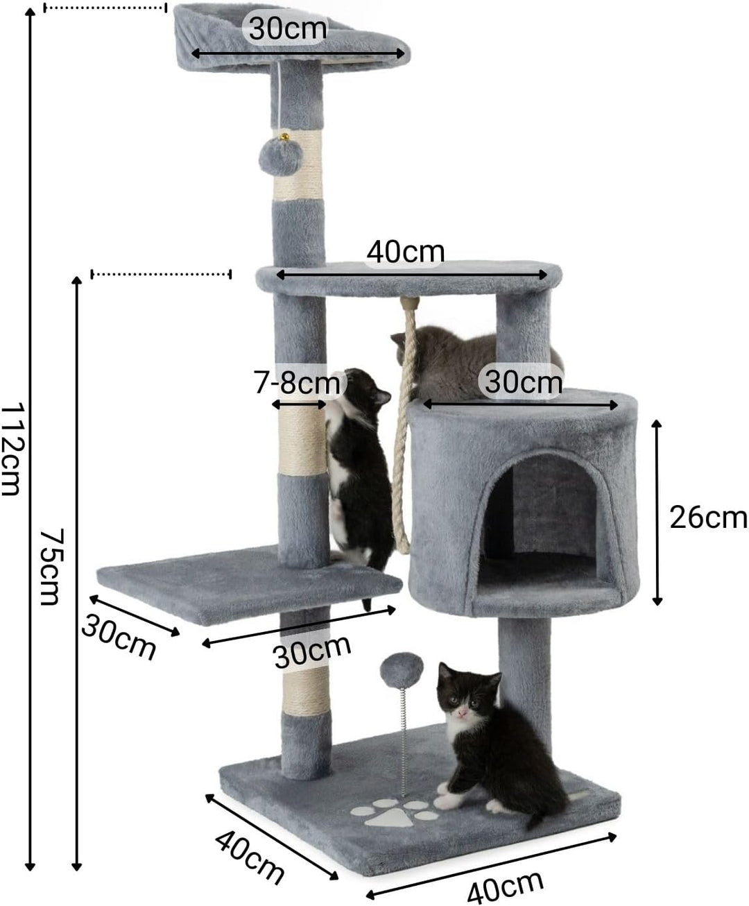 lionto Kratzbaum für Katzen mit 2 Plüschbällen & Spielseil, Höhe 112 cm, Katzenbaum mit Sisalseil &
